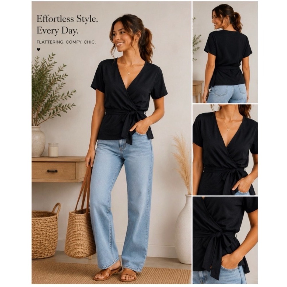 GAP Women's Black Wrap Blouse Medium Tie Waist V Neck Short Sleeve Officewear